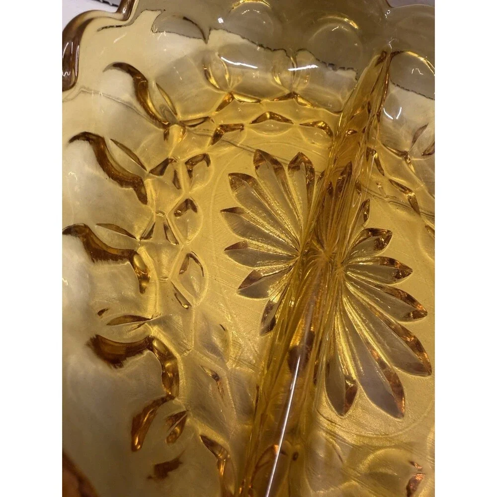 Vintage Anchor Hocking Fairfield Amber Glass Divided Relish Candy Dish